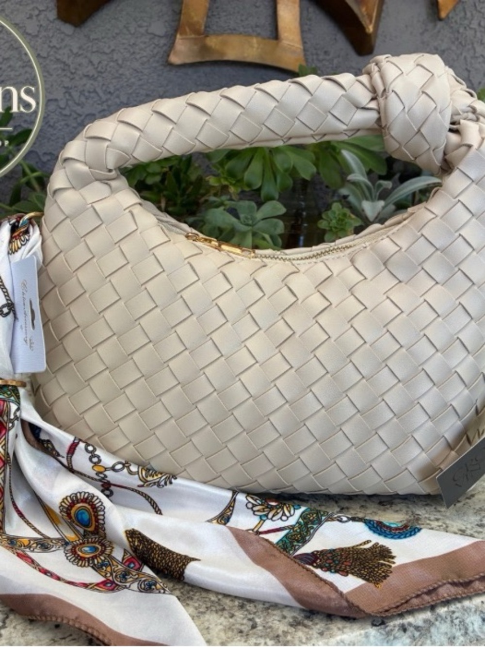 NWT Cream Woven Handbag with Scarf & Crossbody Strap